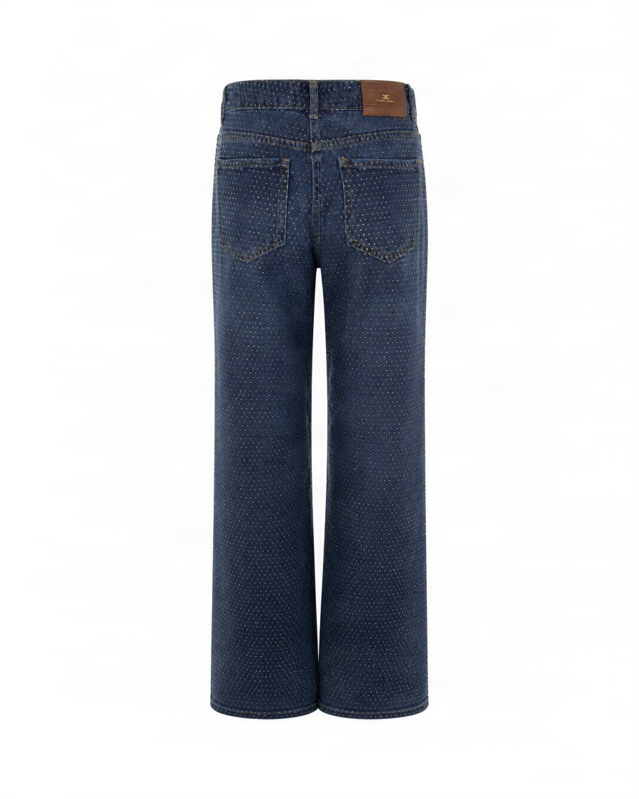 Elisabetta Franchi Dark Blue Rhinestone High-Waisted Wide-Leg Jeans
