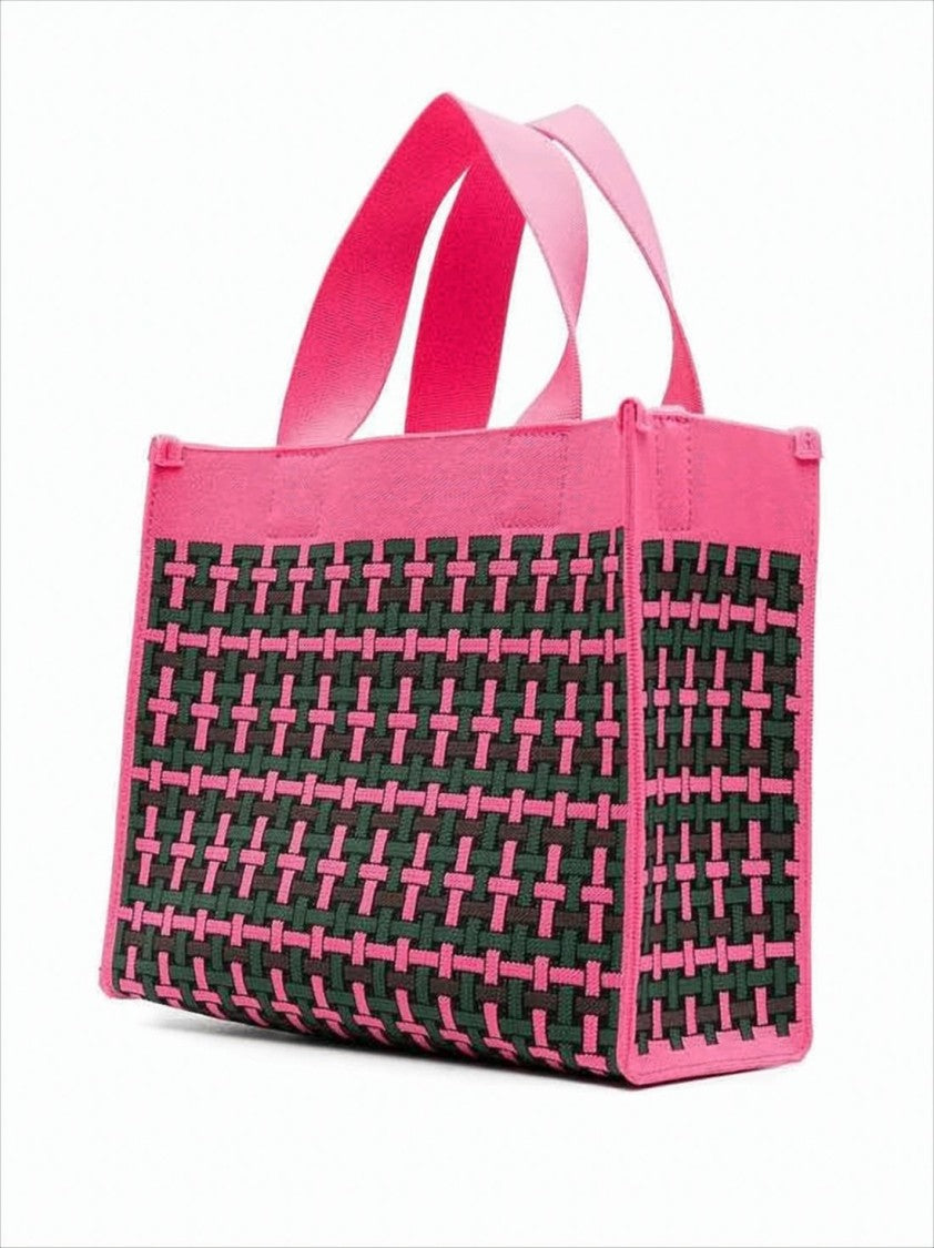 Marni Woven Rectangular Tote Bag With Pink Handles And Detachable Strap