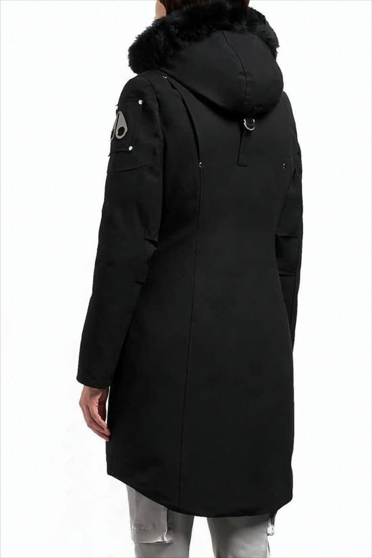 Moose Knuckles Long Black Padded Coat With Detachable Faux Fur Hood