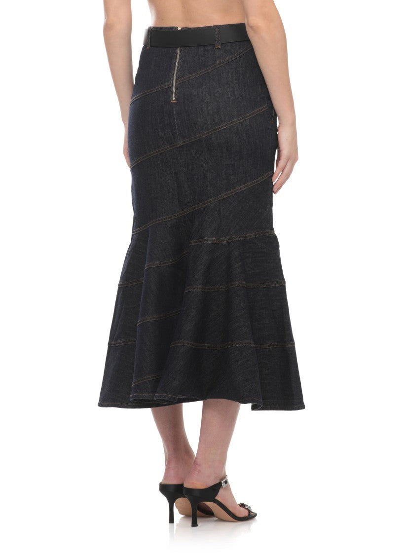 Self-Portrait Dark Denim Skirt With Mermaid Hem And Back Zipper Closure