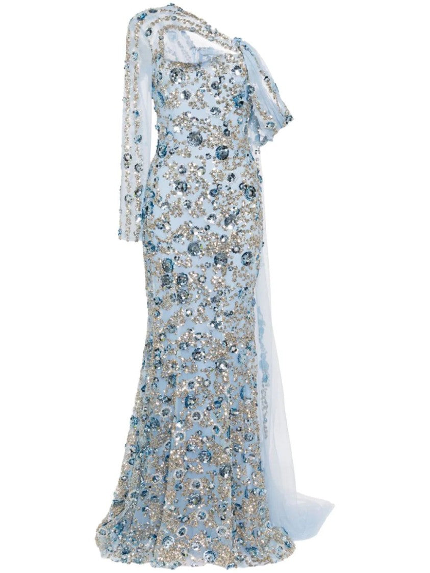 Saiid Kobeisy Tulle One-Shoulder Sleeve, Dress With Dotted Beading A Tulle Tail