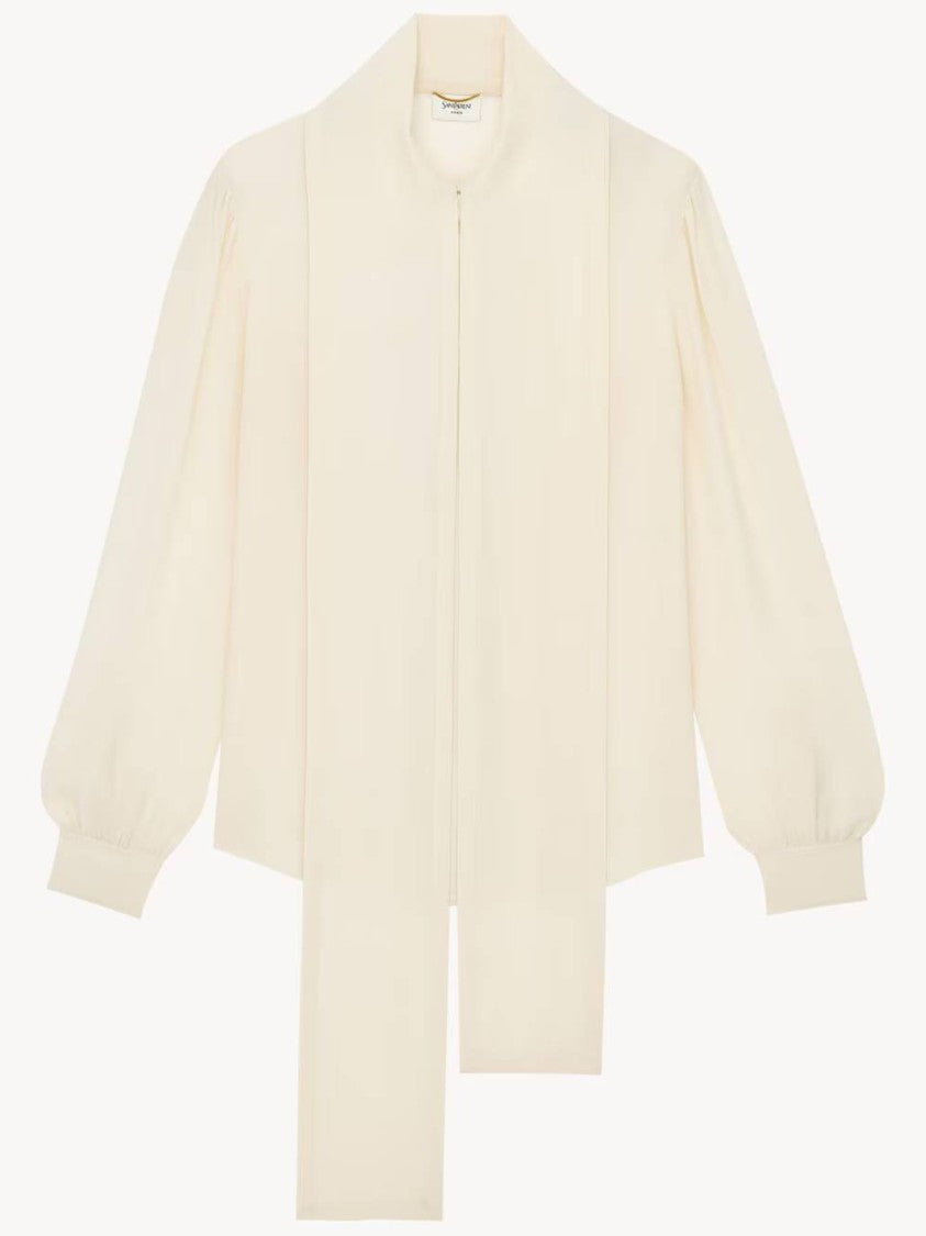 Saint Laurent Tailored Bow-Tie Puffed-Sleeve Blouse