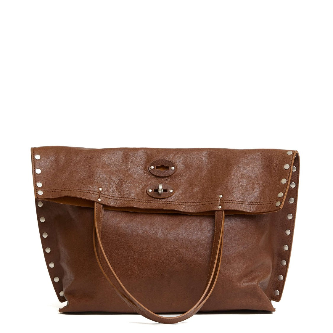 Zanellato Fold-Over Brown Leather Handbag With Silver Stud Detailing