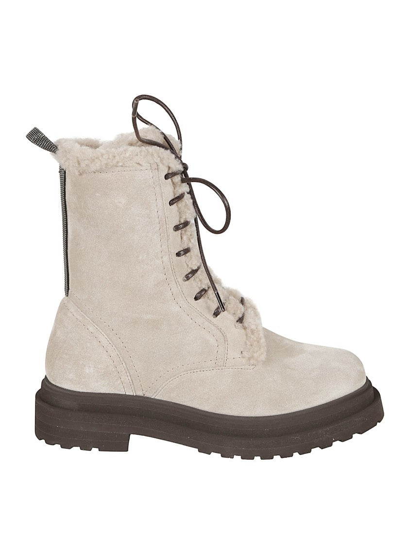 Brunello Cucinelli Grey Suede Lace-Up Boots With Shearling Trim And Rubber Sole