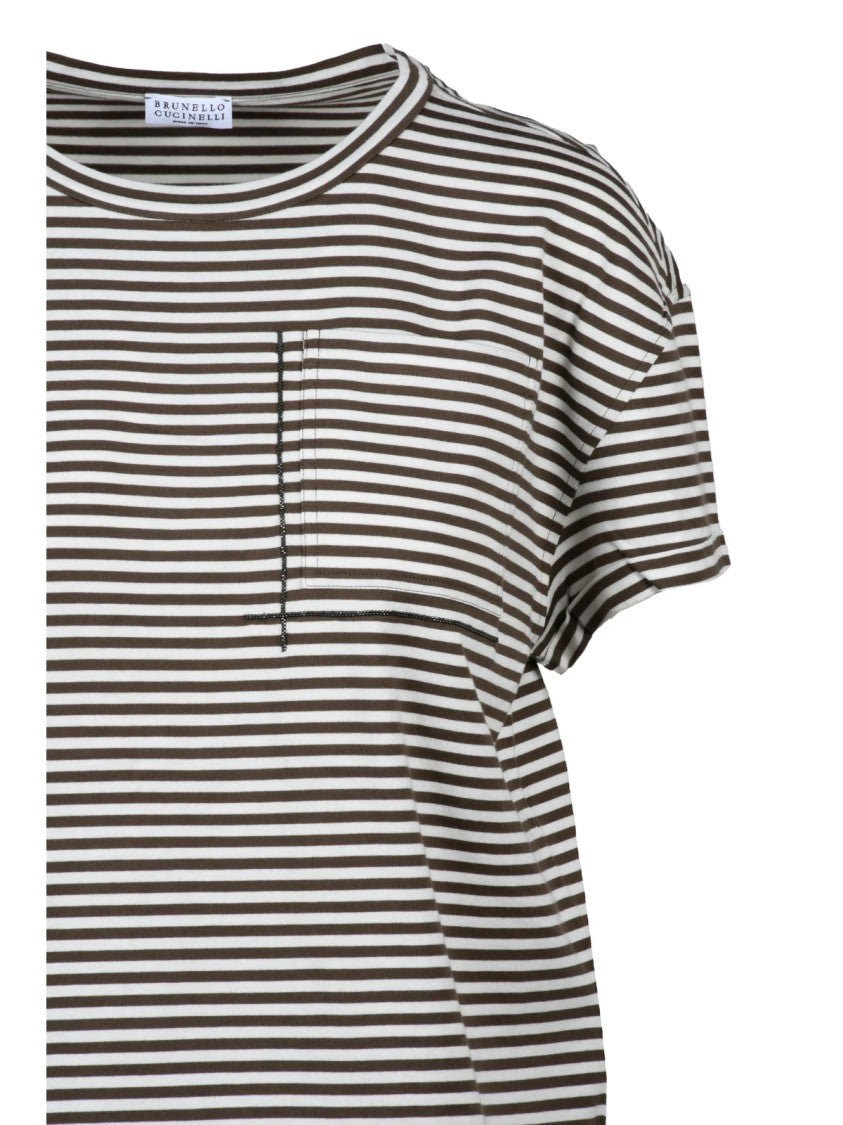 Brunello Cucinelli White/Brown Cotton Women T-Shirt