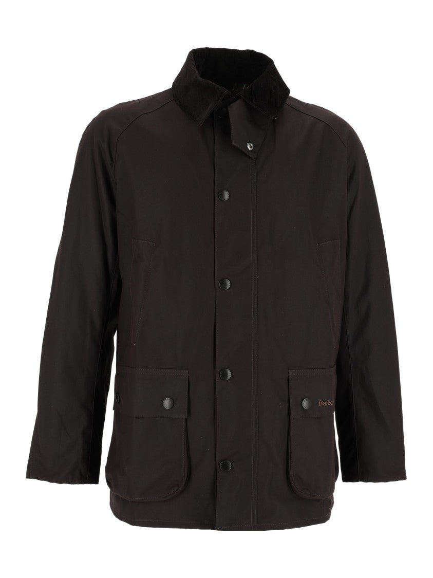 Barbour Matt Finish Waxed Cotton Jacket With Corduroy Collar And Flap Pockets