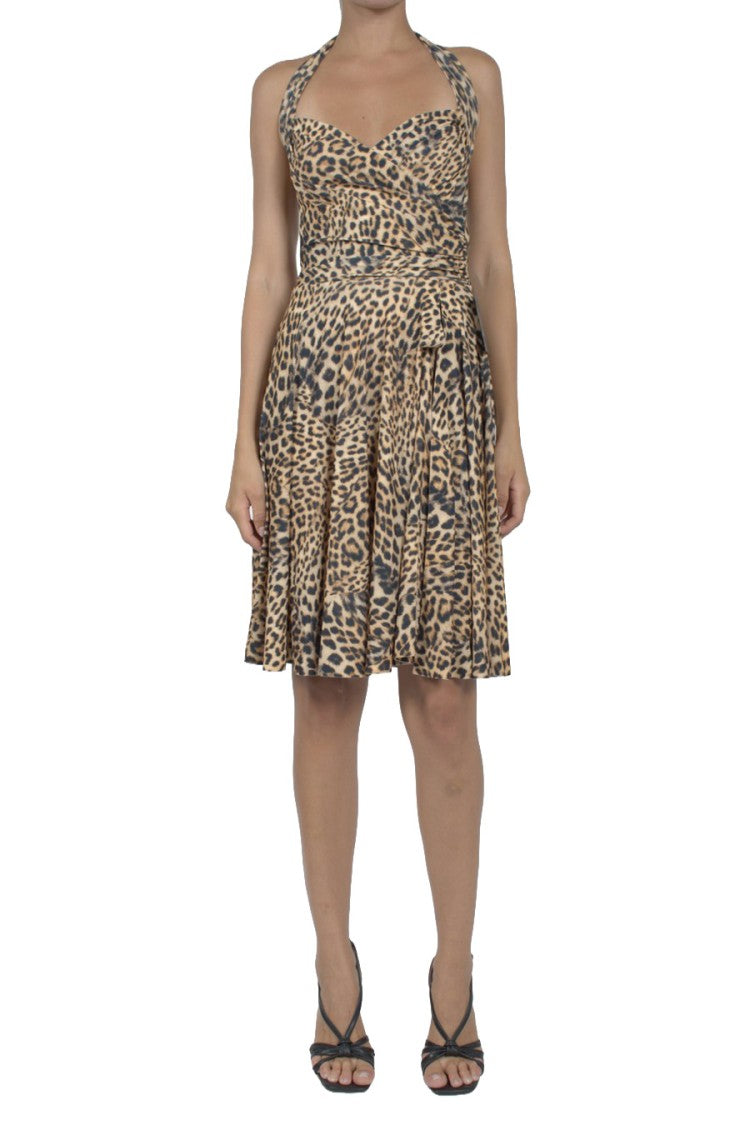 Norma Kamali Tan Leopard-Print Halter Wrap Polyester-Blend Day Dress