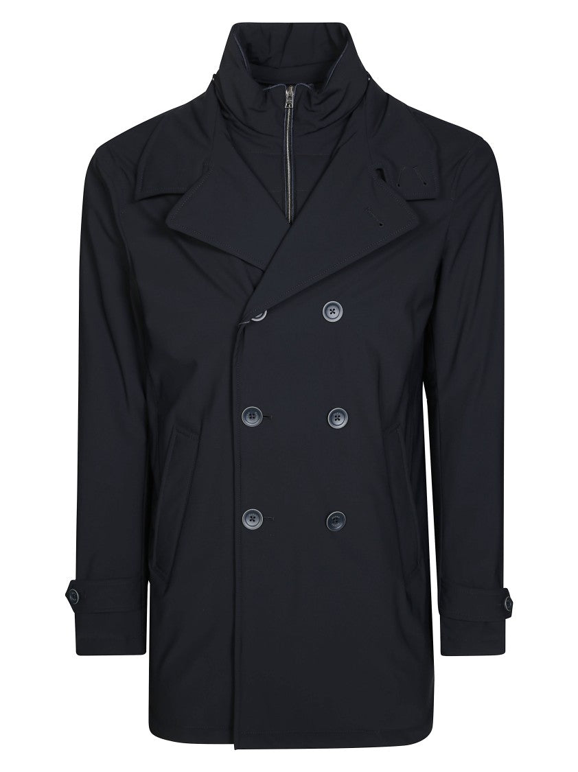 Herno Double-Breasted Black Peacoat With Wide Lapel
