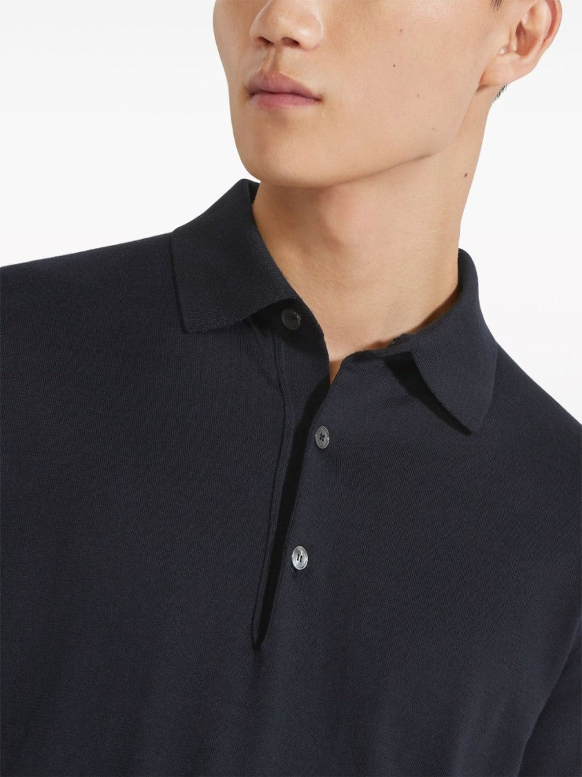 Ermenegildo Zegna Midnight Blue Cotton Polo Shirt With Ribbed Trim And Button Placket