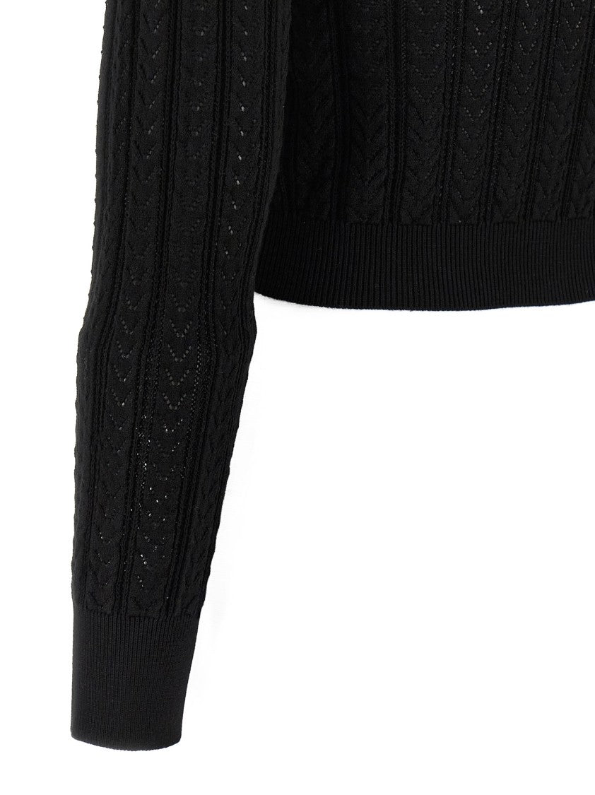 Alessandra Rich V-Neck Openwork Knit Cardigan With Jewel Buttons
