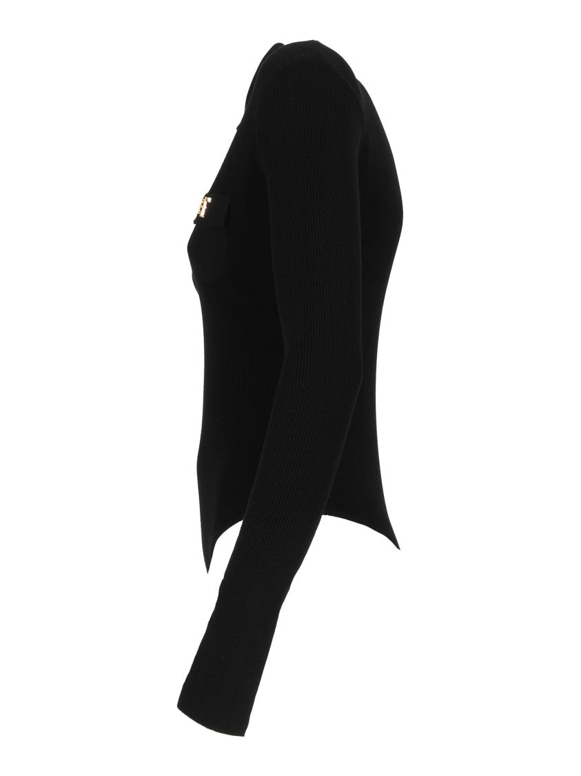 Elisabetta Franchi Ribbed Knit Bodysuit With Deep V-Neckline And Logo Detail