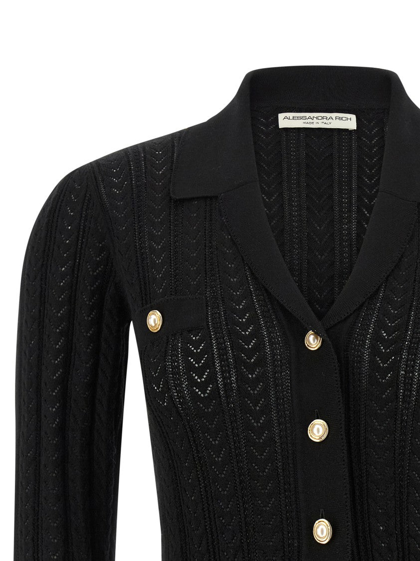 Alessandra Rich V-Neck Openwork Knit Cardigan With Jewel Buttons