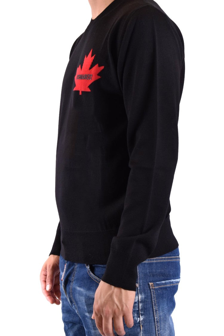Dsquared2 Wool Crew Neck Knitwear With Red Maple Leaf Emblem