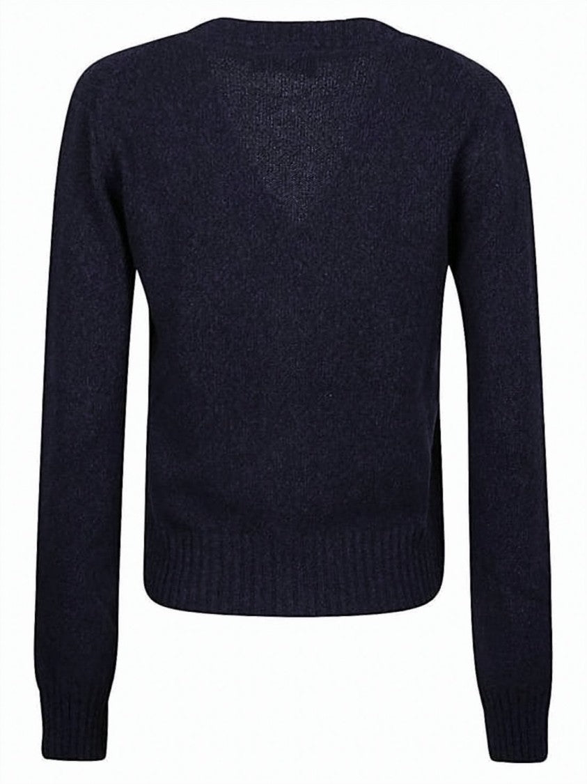 Ami Paris Deep V-Neck Cashmere Blend Cardigan With Ribbed Detailing
