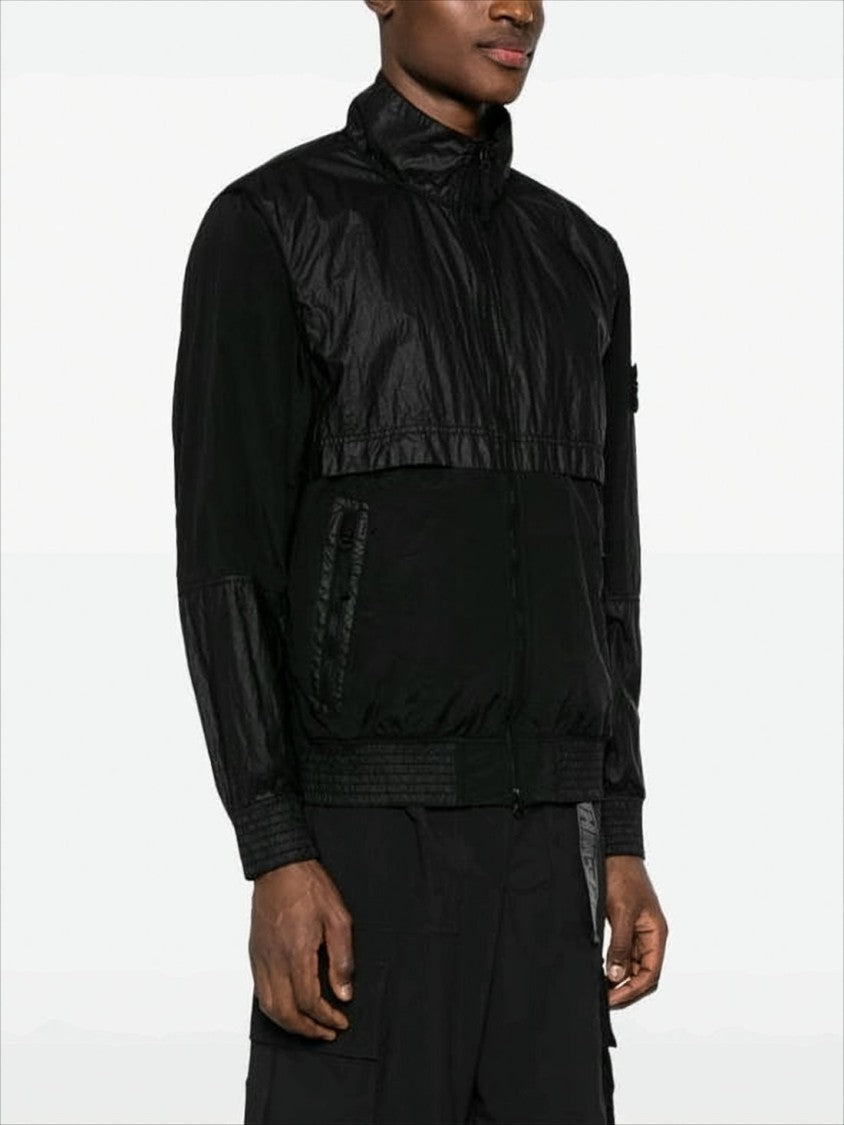 Stone Island Black High-Collar Jacket With Textured Panels