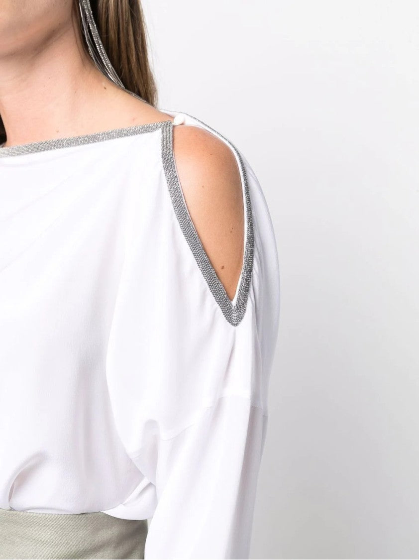 Brunello Cucinelli Long-Sleeve White Knit Top With Unique Shoulder Detail