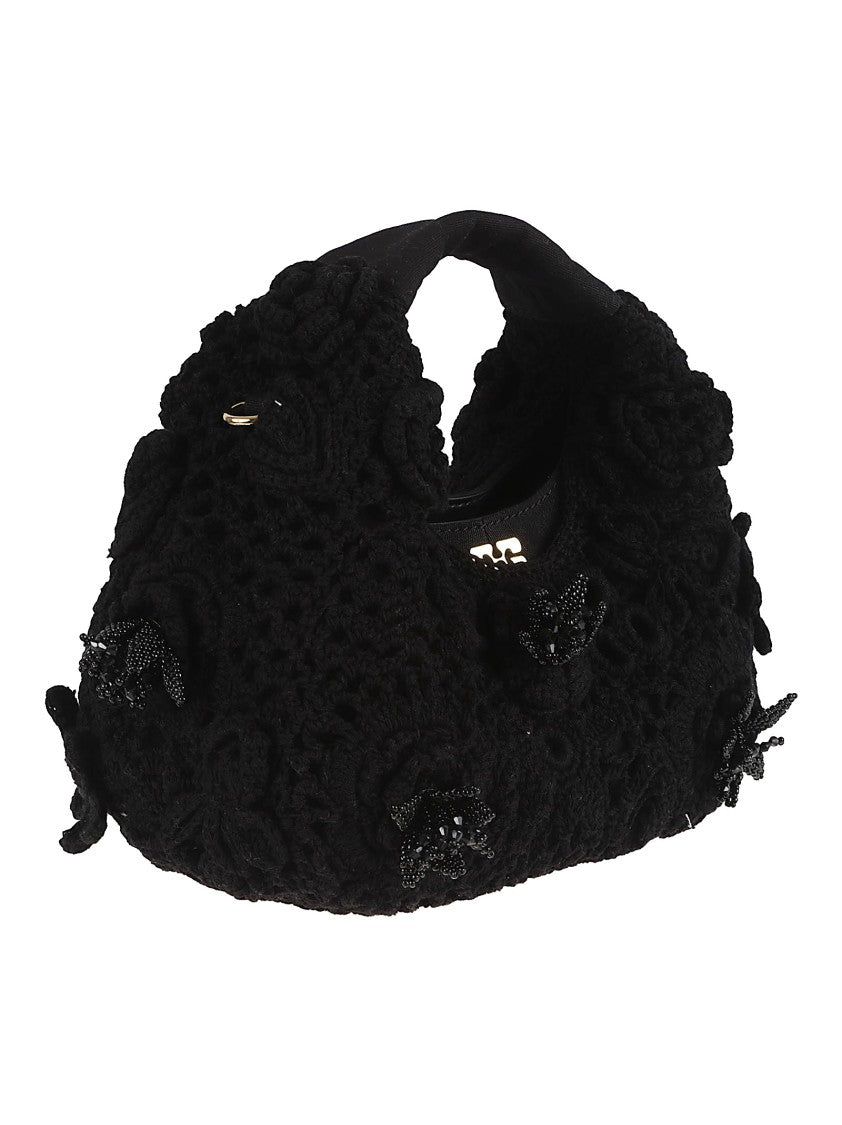 Ganni Beaded Crochet Handbag With Leather Accents