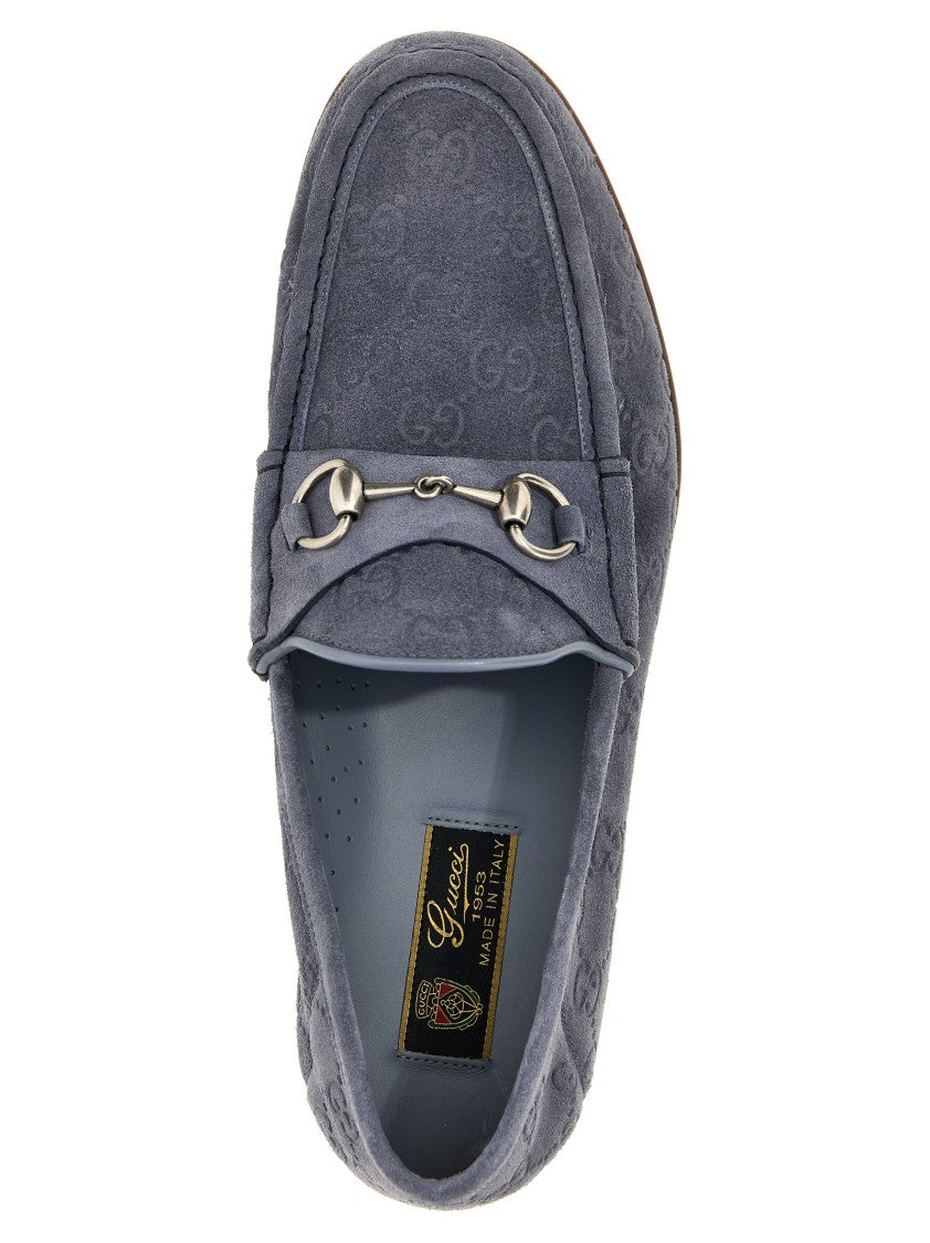 Gucci Suede Horsebit Loafers With Embossed Gg Pattern