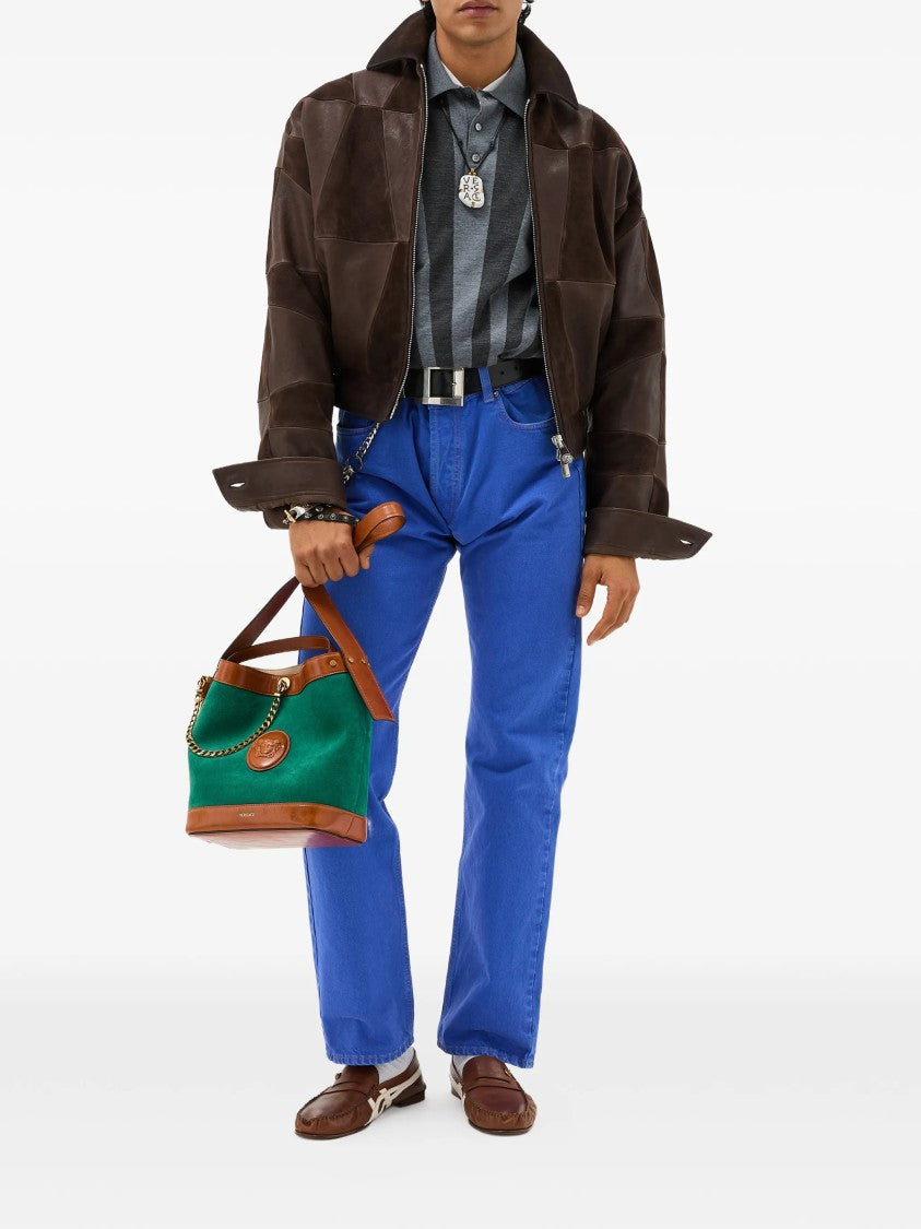 Versace Brown Blouson Leather Patchwork Cropped Jacket