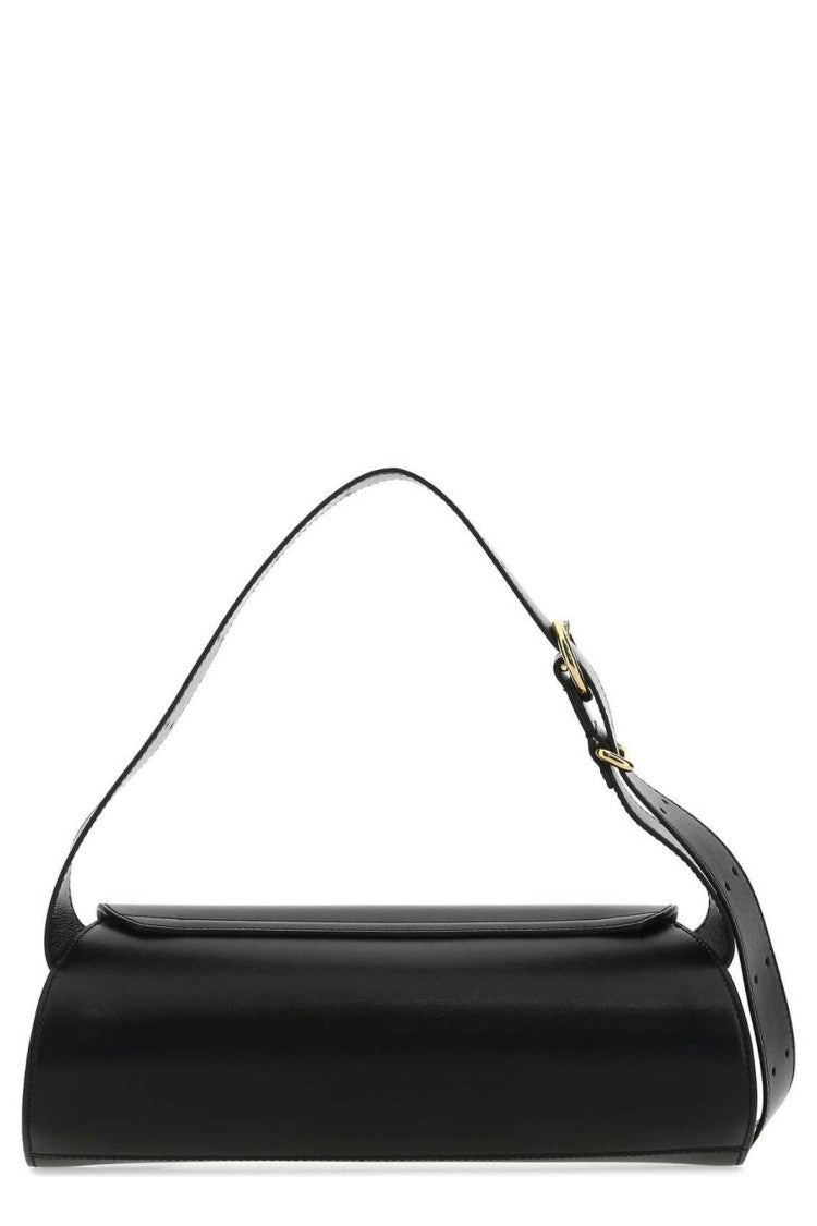 Jil Sander Elongated Black Shoulder Bag With Curved Flap Closure
