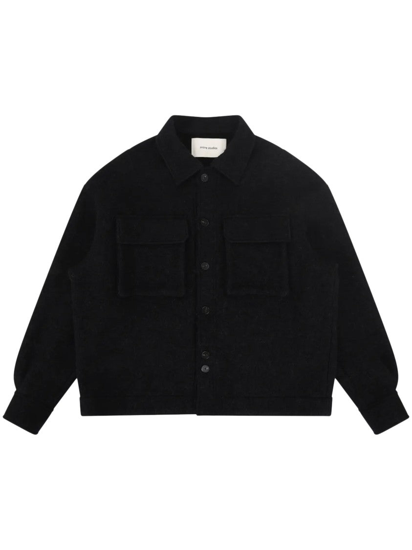 Entire Studios Black Oversized Wool-Blend Flap-Pocket Shirt