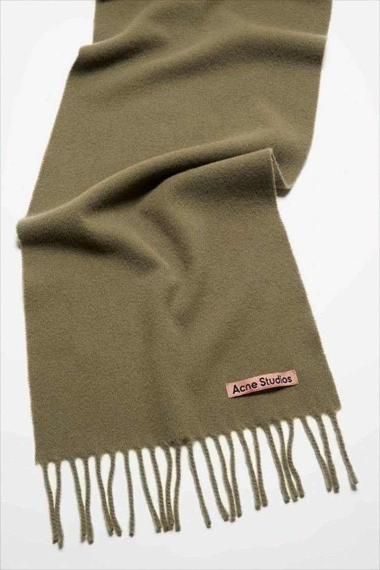 Acne Studios Solid Olive Green Wool Scarf With Fringed Ends