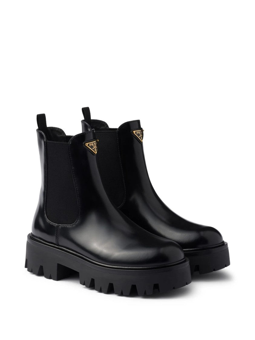 Prada Black Leather Lug Sole Ankle Boots