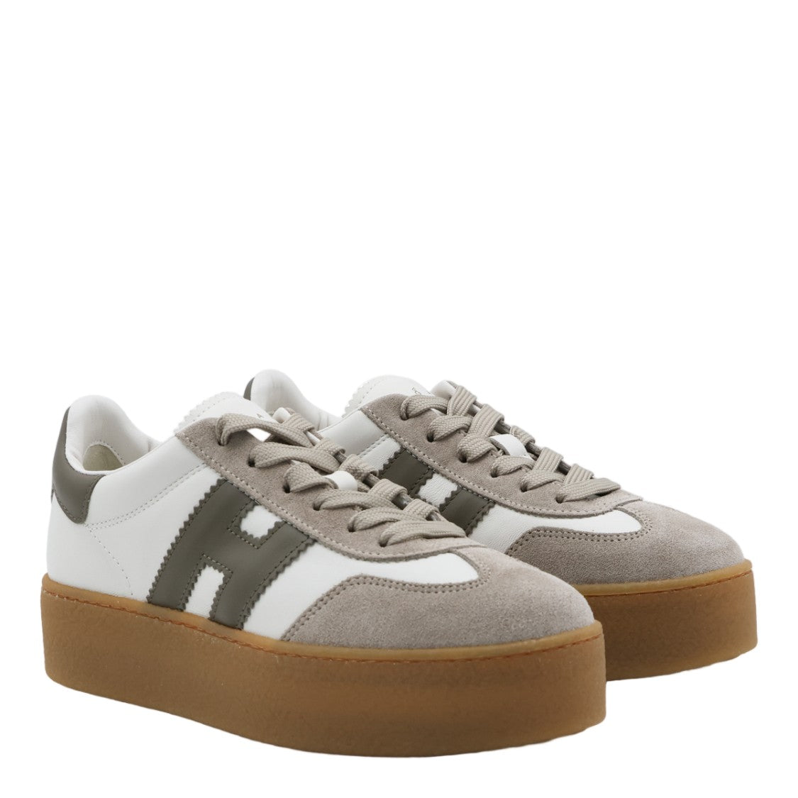 Hogan White Leather Sneakers With Taupe Suede Overlays
