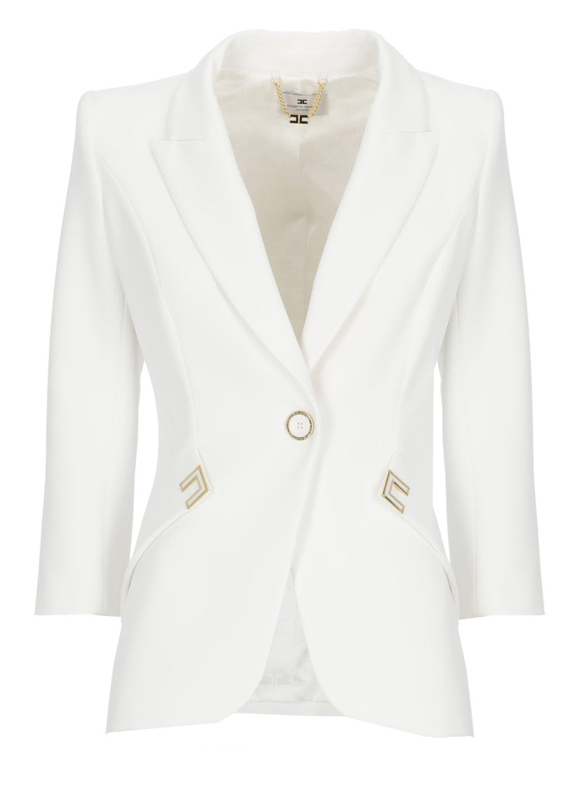 Elisabetta Franchi Ivory Peak Lapel Logoed Blazer