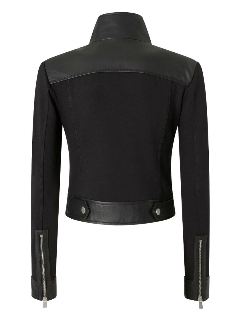 Pinko Cropped Black Leather Panel Jacket With Edgy Design