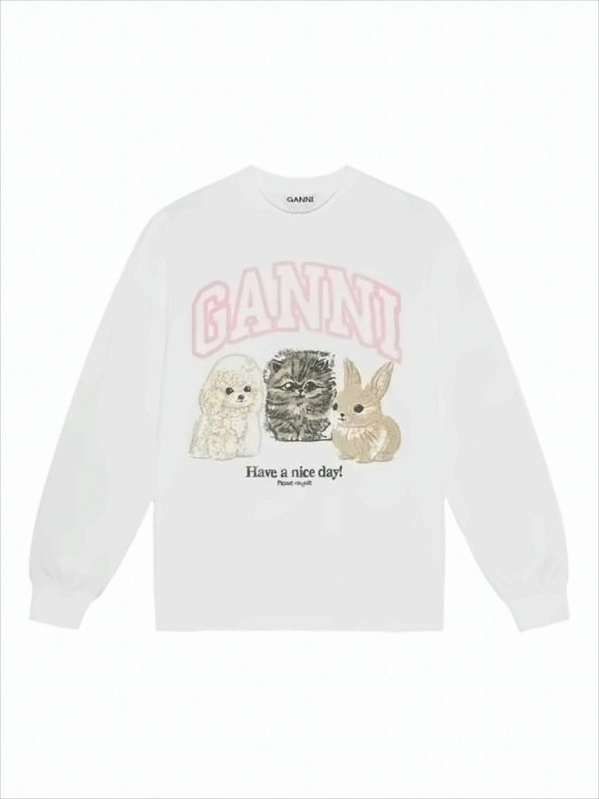 Ganni Long-Sleeve Relaxed Fit T-Shirt With Playful Graphics