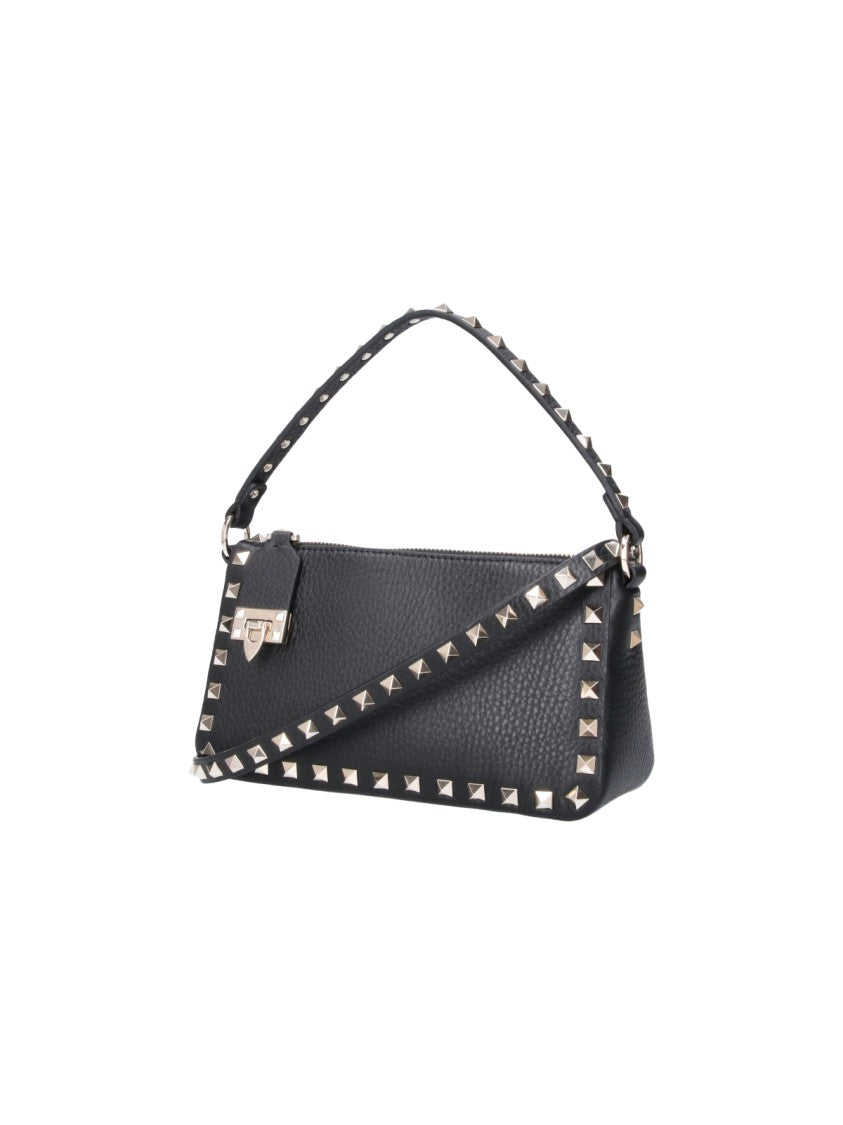Valentino Garavani Black Rockstud Textured Calfskin Leather Shoulder Bag