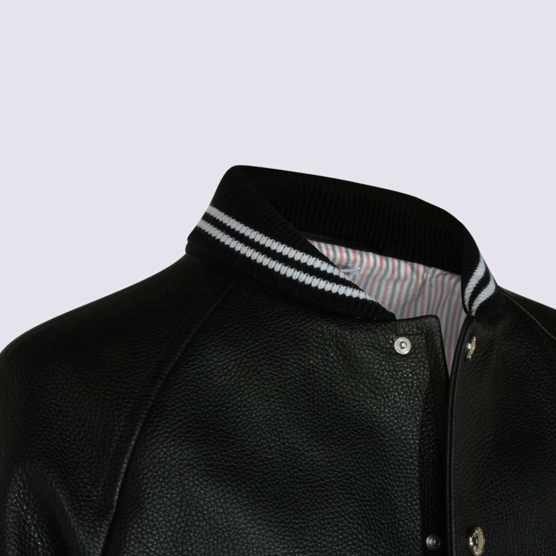 Thom Browne Textured Black Leather Bomber Jacket With Striped Detailing
