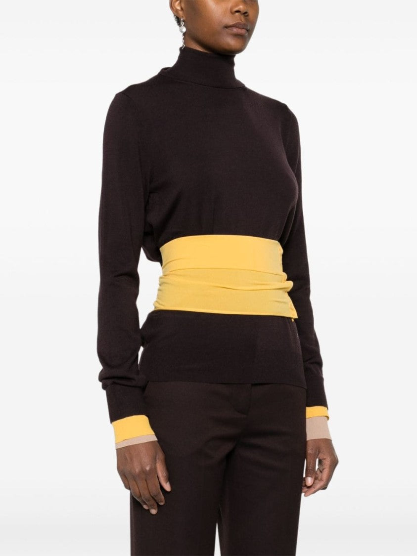 Fendi High Neck Dark Violet Sweater With Contrasting Yellow Band