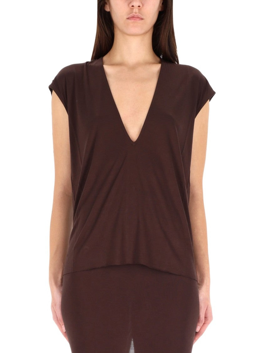 Rick Owens X Lilies Deep V-Neck Brown Viscose Top