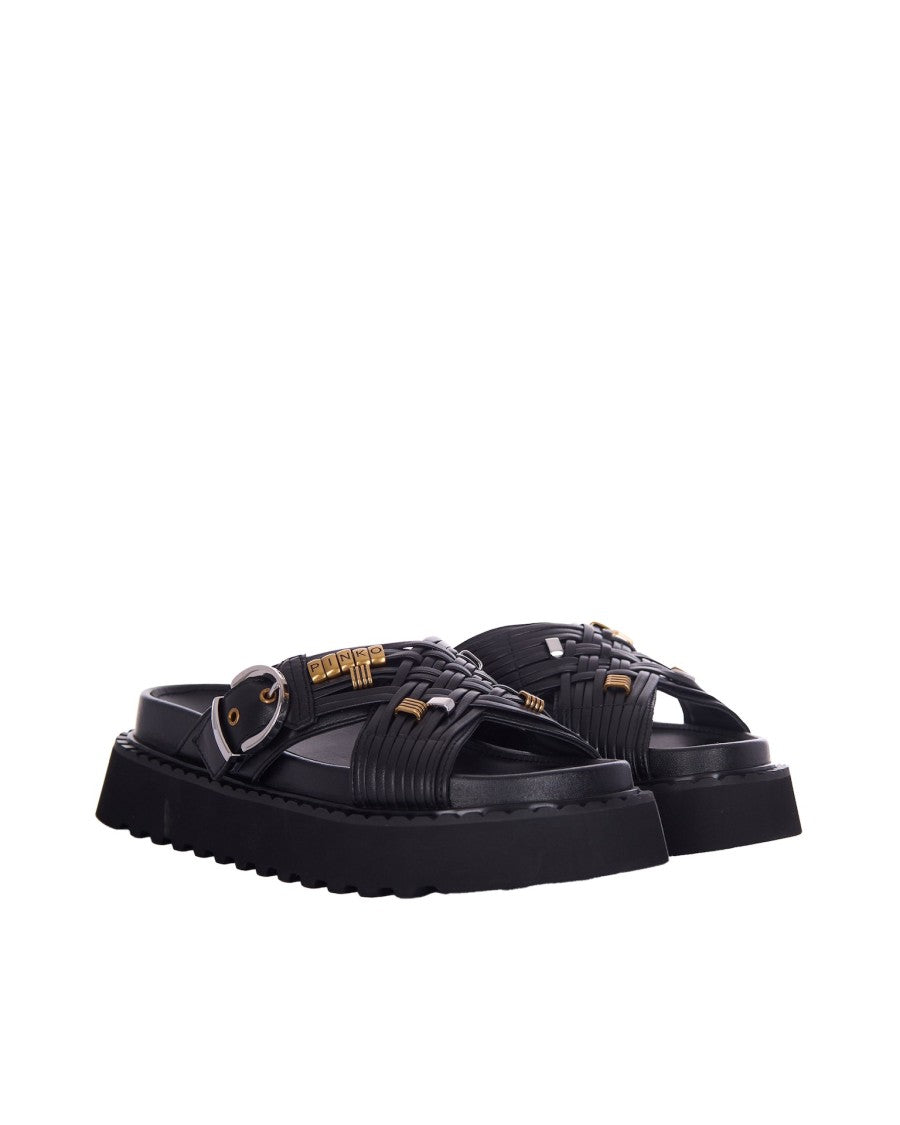 Pinko Woven Black Eco-Leather Sandals With Metallic Accents