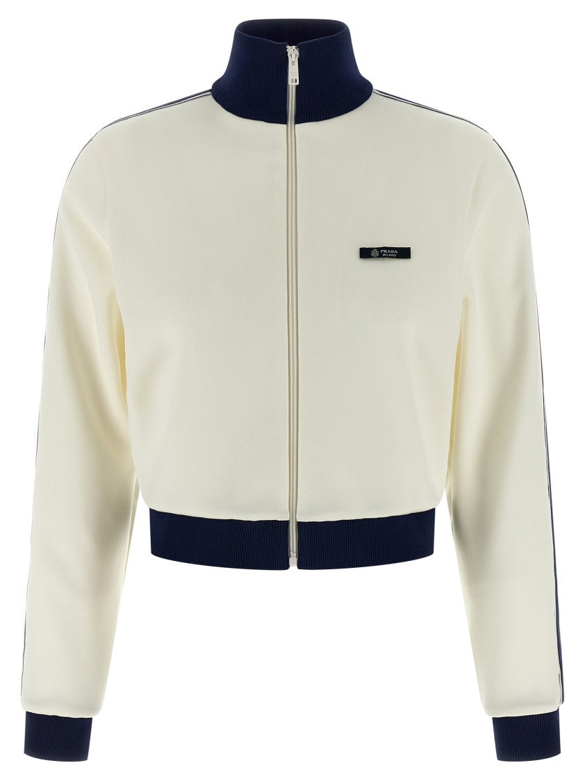 Prada Cropped Fleece Blouson With Ribbed Knit Details And Leather Accents