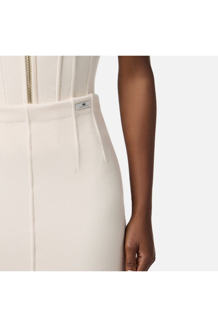Elisabetta Franchi Milk Ribbed Wool-Blend Pencil Slit Midi Skirt