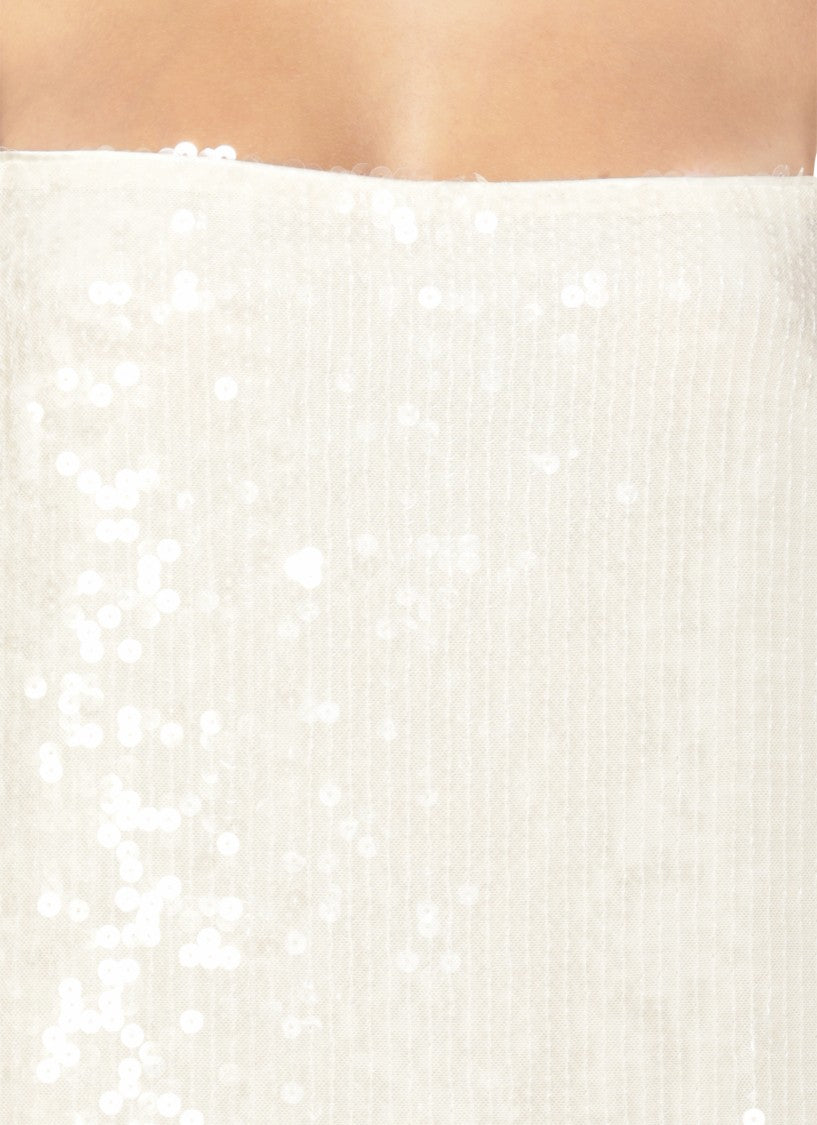 Rotate Ivory Paillette-Embellished Dress With Straight Neckline