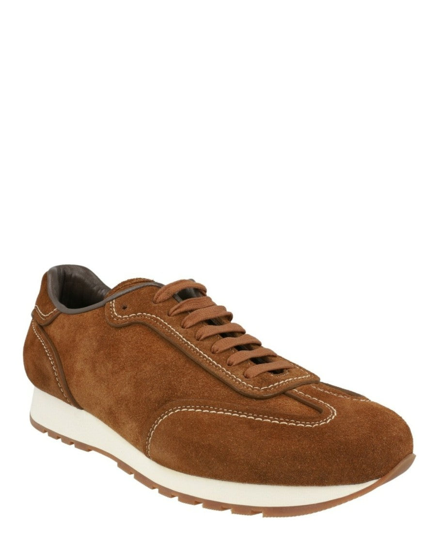 Brioni Brown Suede Runner Sneakers With Lace-Up Closure And Contrast Stitching