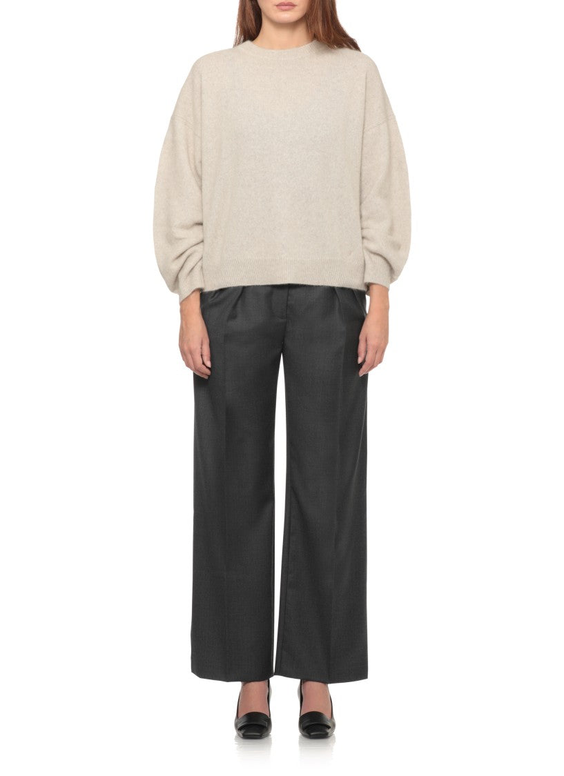 Loulou De Saison Tristan Beige Round Neck Ribbed Wool-Blend Sweater