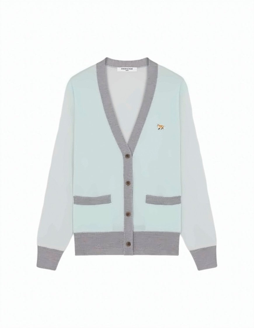 Maison Kitsuné Pastel Blue Cardigan With Contrasting Grey Ribbed Trims