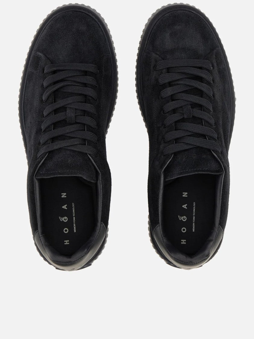 Hogan Monochromatic Black Suede Low-Top Sneakers With Textured Rubber Sole