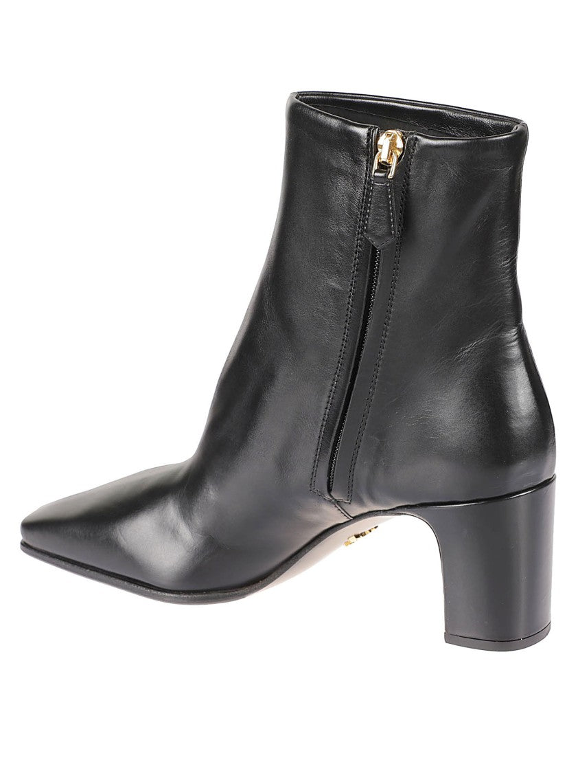Prada Polished Leather Ankle Boot With Pointed Toe And Gold-Tone Zip