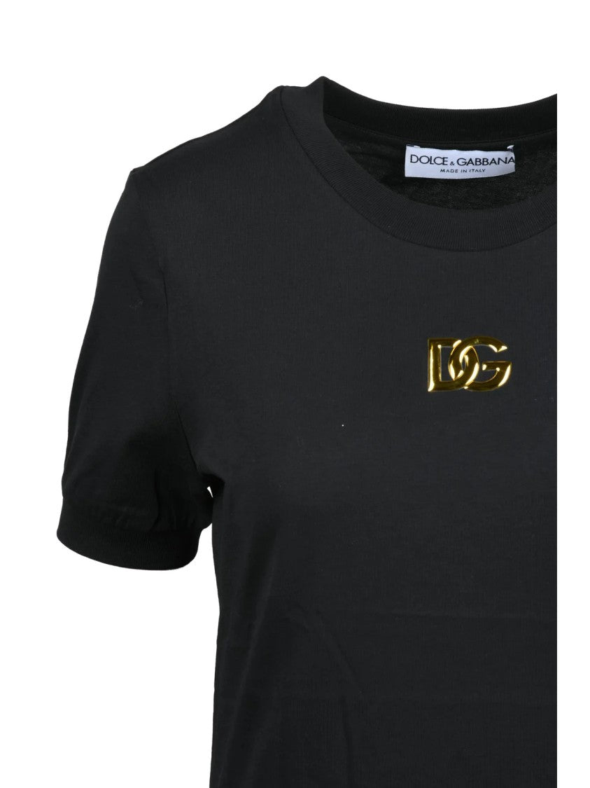 Dolce & Gabbana Black Gold Emblem Crew Neck Cotton T-Shirt