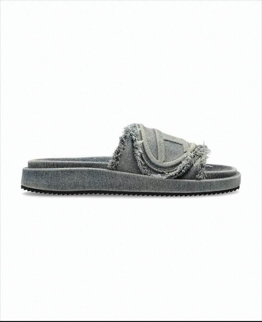 Diesel Distressed Denim Mule Slippers With Embossed Strap