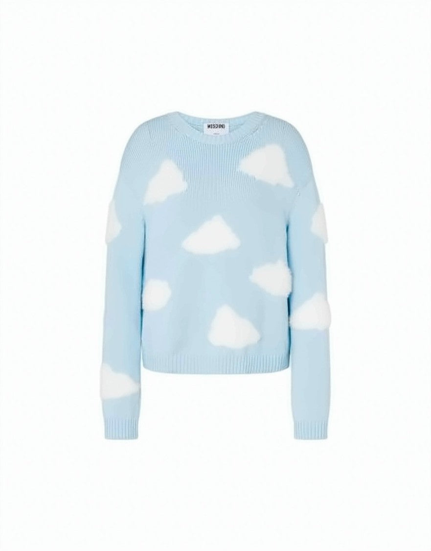 Moschino Light Blue Knit Sweater With Fluffy Cloud Patterns