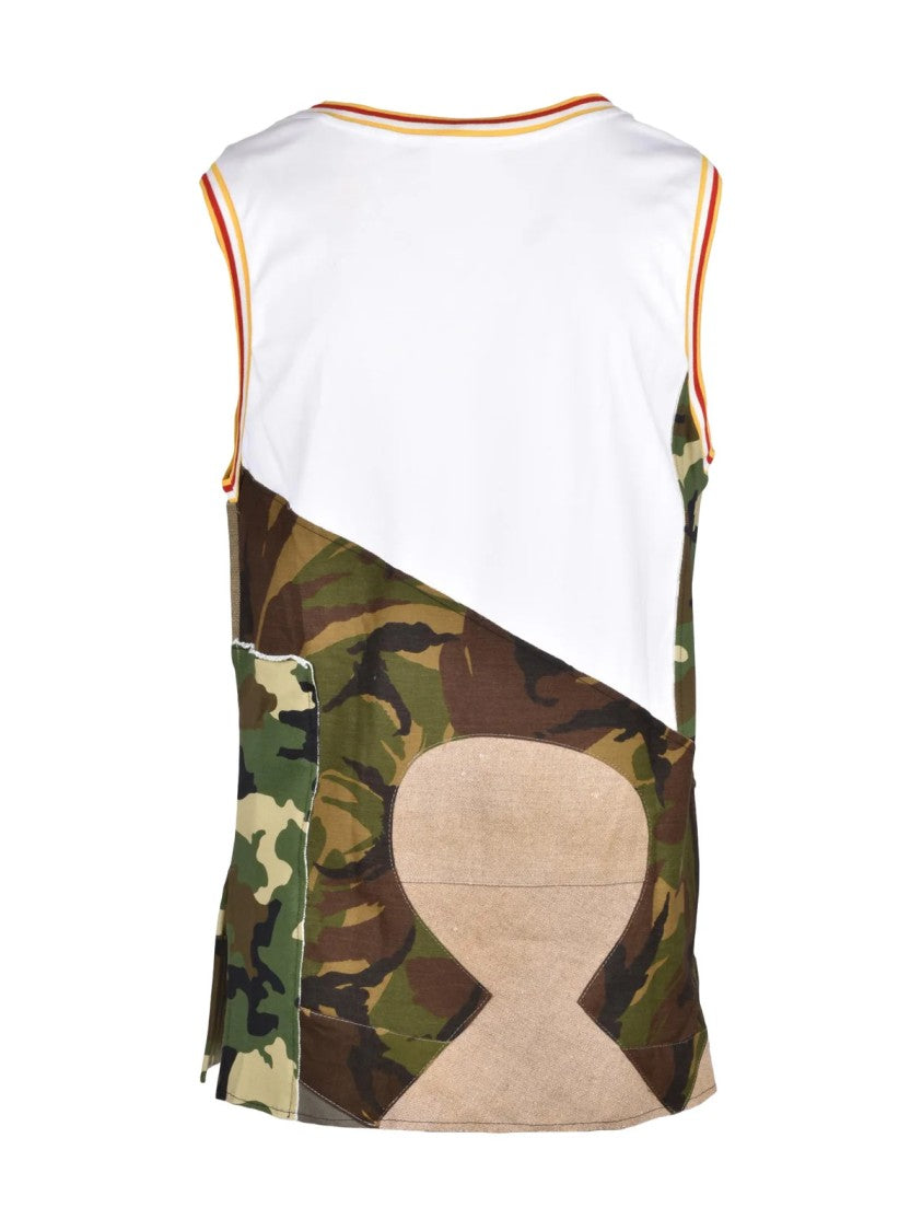 Dolce & Gabbana White/Green Patchwork V-Neck Cotton-Blend Tank Top