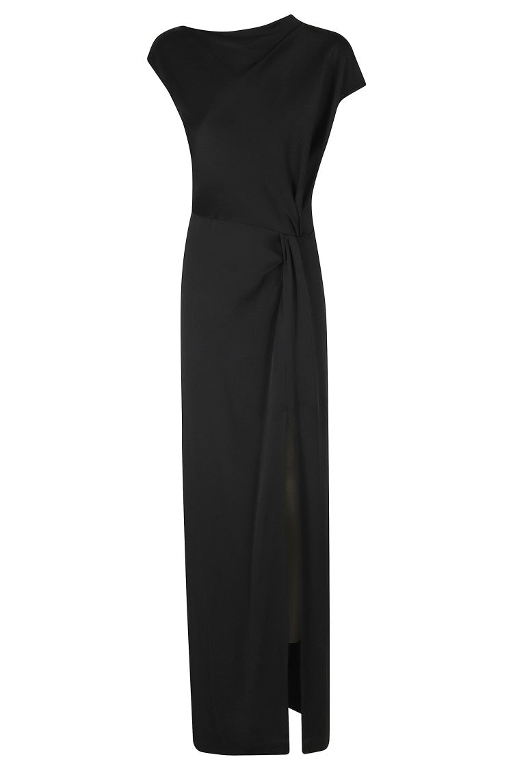 Federica Tosi Black Draped Back Vent Satin Maxi Dress
