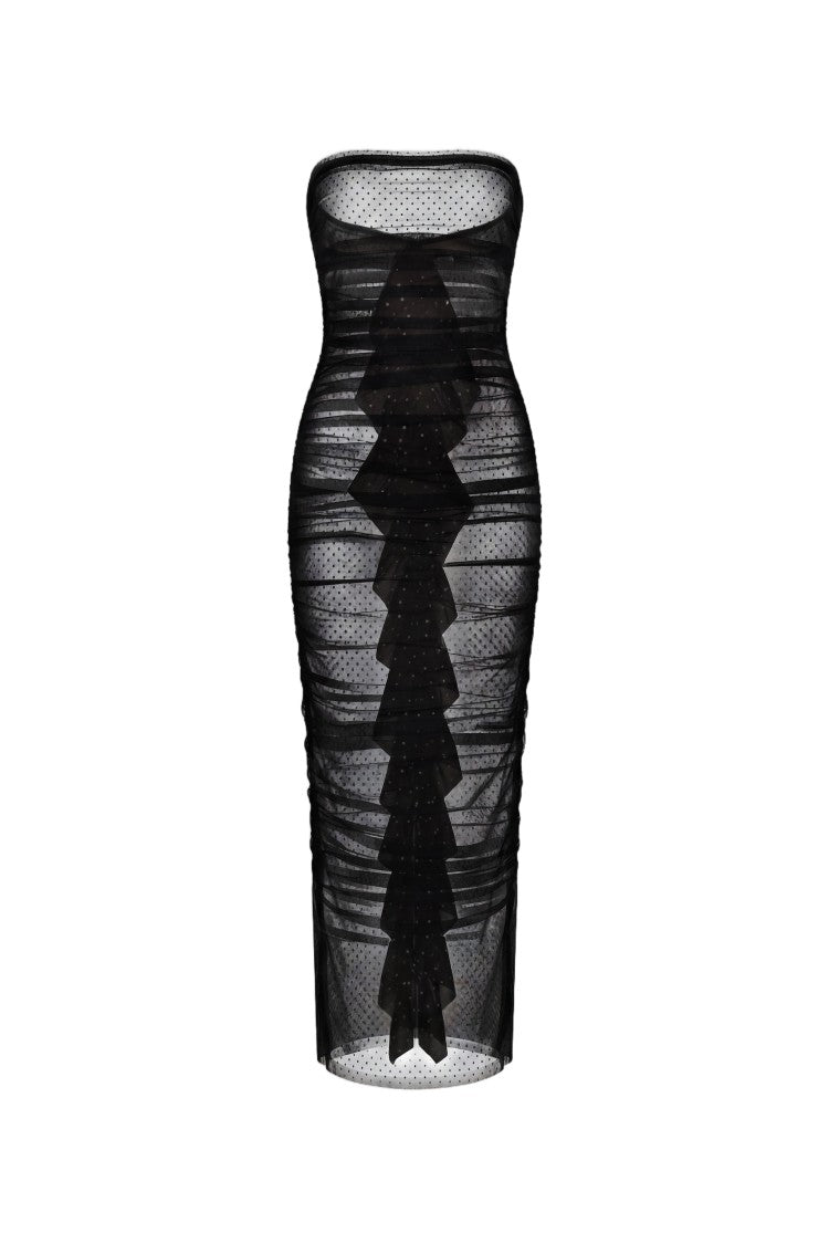 Saiid Kobeisy Fitted Sheer Dotted Midi Dress With Cascading Ruffle Detail